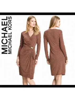 Michael Michael Kors red chain link long sleeve Print Faux Wrap Dress Sz XS